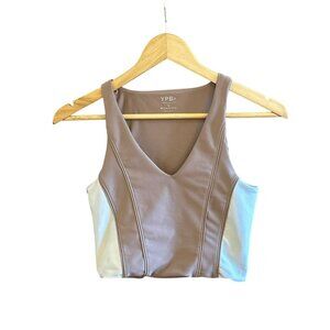 YPB Your Personal Best Curve Love Womens V-Neck Crop Top S Tan & White